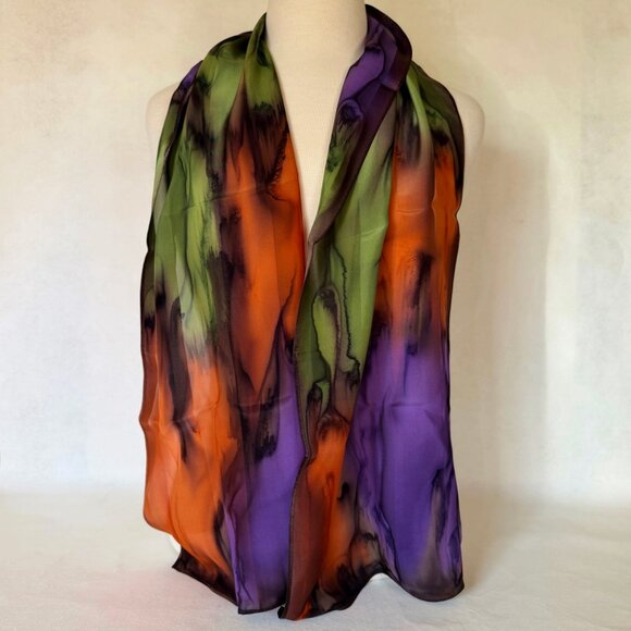 Artisan Accessories - Hand Painted Silk Scarf Purple Green Orange Rectangle Head Neck Unique Gift New